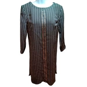 Ann Taylor Dress Long Sleeves Stripe Vertical Embroidery Lace Cut Out Black Midi